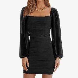 Black Cocktail Mini Dress Women's Small Long Sleeved Ruched LBD Elegant Dark